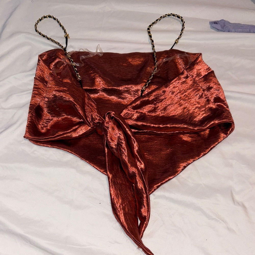 Satin Rust Tie-Front Women’s Top